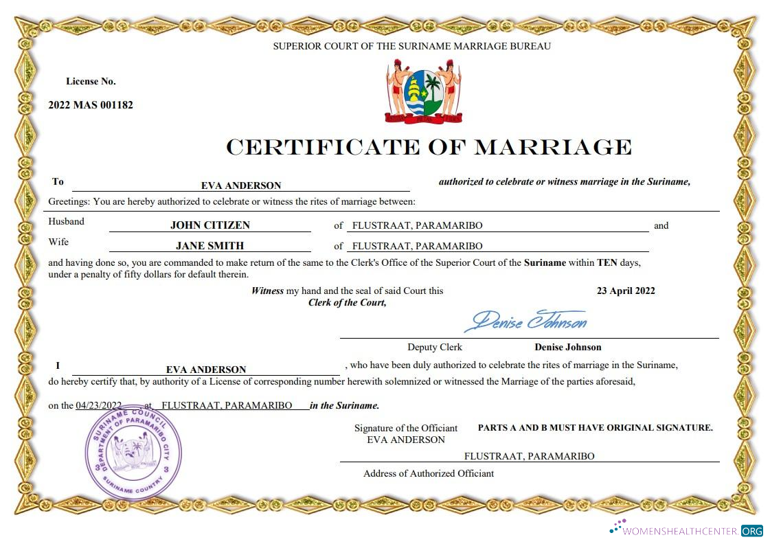 Download Suriname marriage certificate Word and PDF template Photoshop template